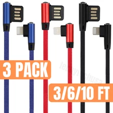 3Pack 3/6/10 Ft 90 Degree Heavy Duty Cable Cord For iPhone 12 Pro Max 11 Charger