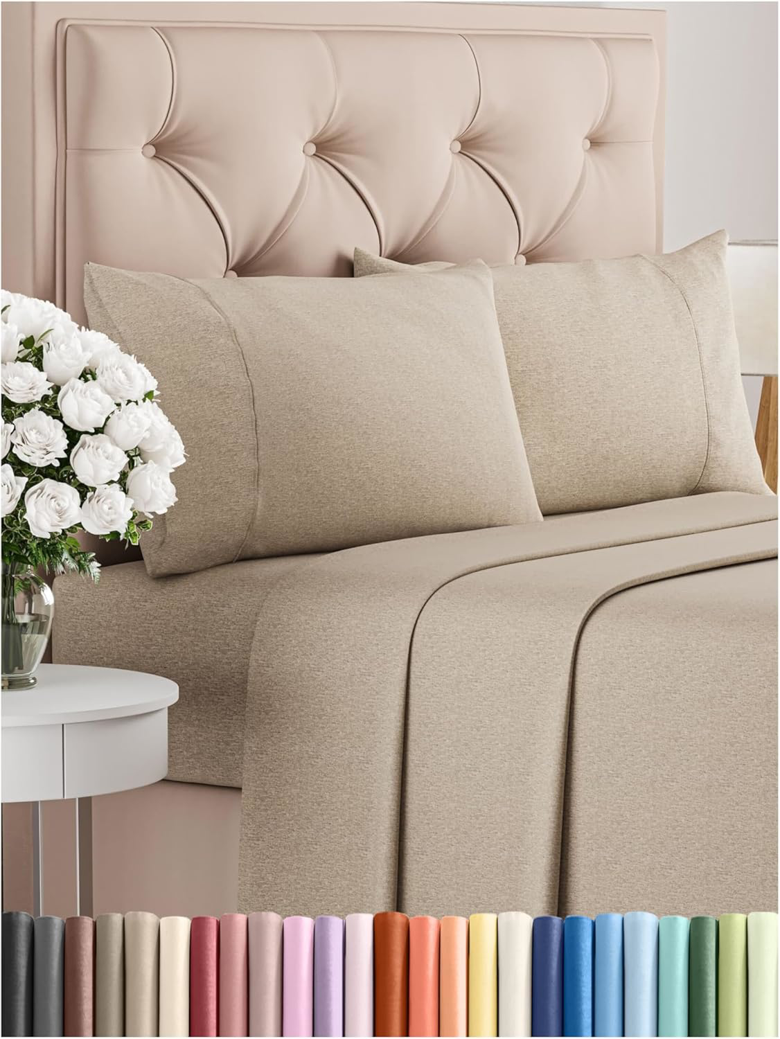 4-Piece Cooling Bed Sheet Set with Deep Pockets in Beige