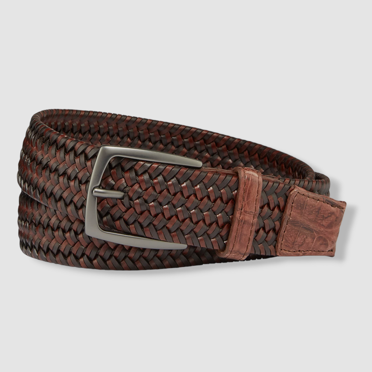 $195 Kleinberg Men's Brown Woven Leather Crocodile Trim Stretch