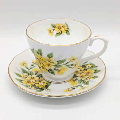 Duchess Bone China Teacup & Saucer Yellow Primrose Floral Gold Trim England
