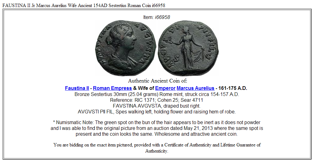 FAUSTINA II Jr Marcus Aurelius Wife Ancient 154AD Sestertius Roman