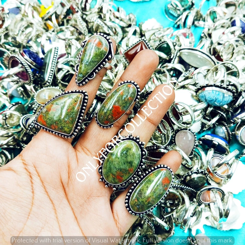 Lote de anillos de diseñador al por mayor enchapados en plata de ley 925 piedras preciosas de jaspe de unakita Foto 2 de 3