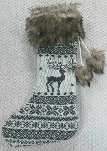 Fair Isle Faux Fur Knitted Christmas Stocking Reindeer Deer Pompom White Grey - Picture 1 of 13