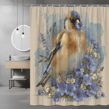 Bird and Floral Shower Curtain Blue Purple Watercolor Art