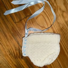 Handmade Crochet Baby Bonnet White with Blue Ribbon Ties vintage photo session