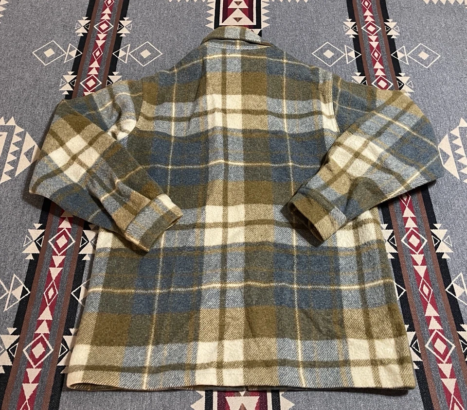 Винтажный шерсти рубашка куртка мужская 40 синий коричневый клетку шерсти 70-х Shacket на открытом воздухе T40 - Изображение 4 из 4