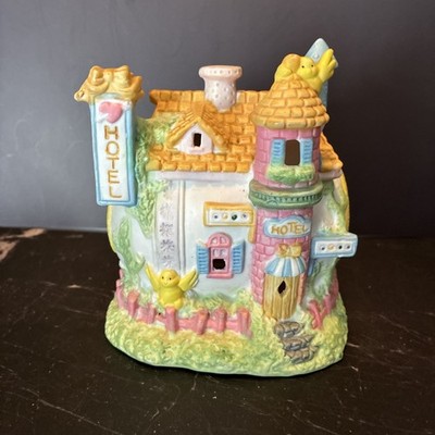 Vintage Easter Bunny Hotel House Figurine Pastel Spring Cottage Decor Chicks