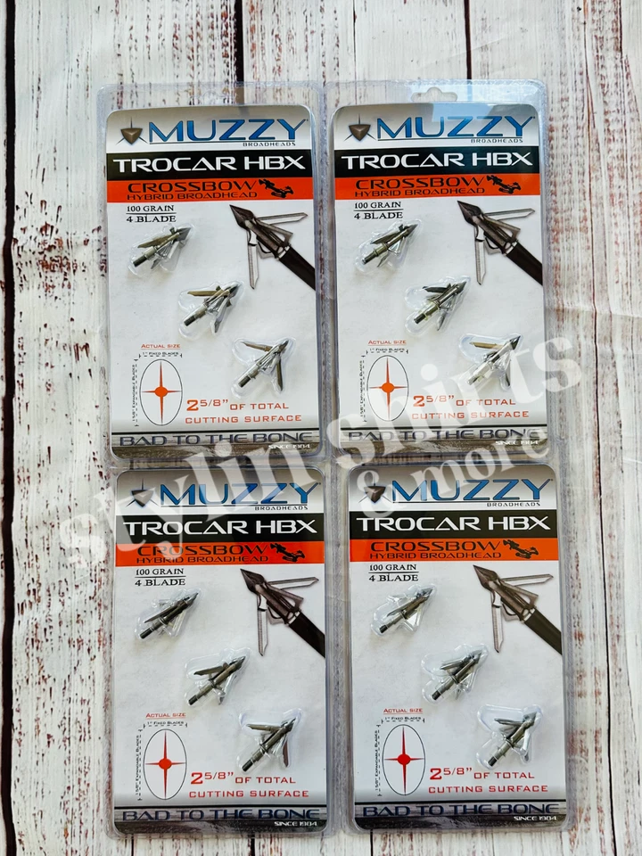 Paquete de 4 ballestas mecánicas Muzzy Archery Trocar HBX 4 hojas 100 granos 3 cabeza ancha Foto 2 de 4