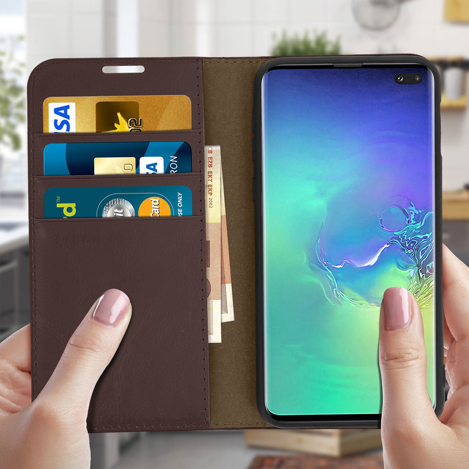 Coque Galaxy S10 Plus avec porte-carte et support vidéo intégré marron