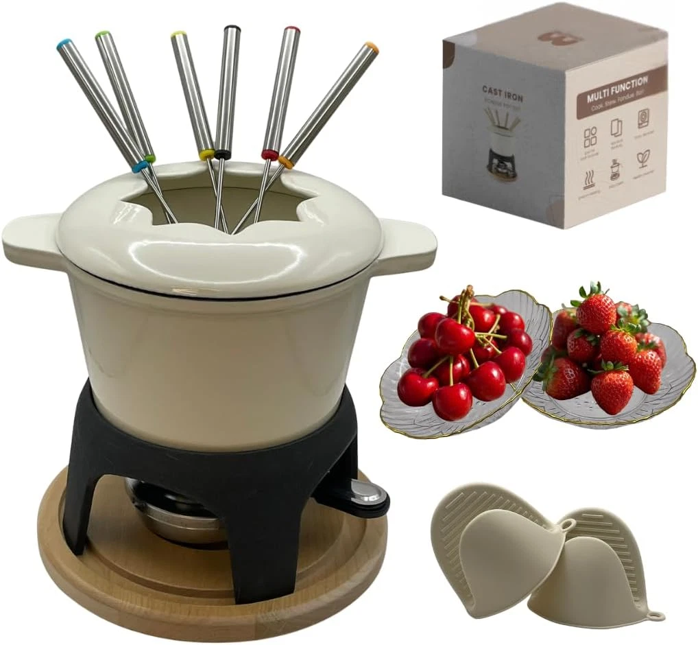 15-Pc Cast Iron Fondue Set with Accessories for Cheese, Meat, and Chocolate