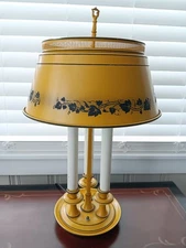 Vtg MCM French TOLEWARE Yellow Table Lamp Vine Motif Shade 3 Candle Style Light