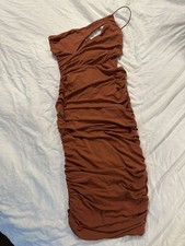 Nookie Envy Midi Bodycon Dress Brown One Shoulder Ruched Jersey Size S Revolve