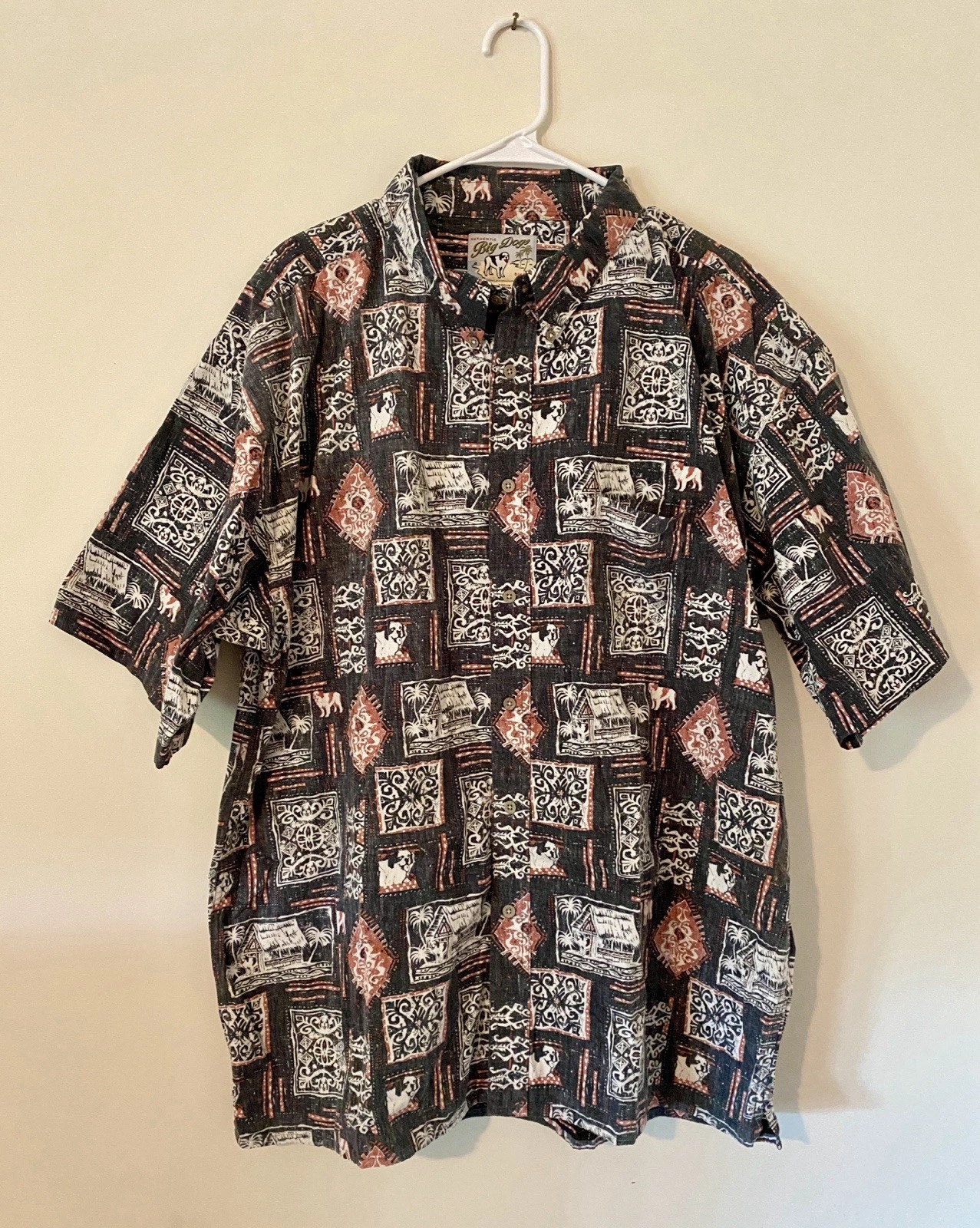 Big Dogs Hawaiian Shirt Mens 2X Charcoal Gray Tropical Tiki Island Print Cotton
