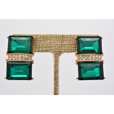 Vintage Crystal Clip Earrings Green Baguette Rhinestone Gold Chunky 1990s Bin7