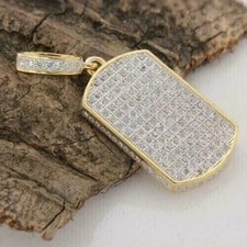 2.50Ct Lab Created Diamond Round Dog Tag Pendant 14K Yellow Gold Plated 18''