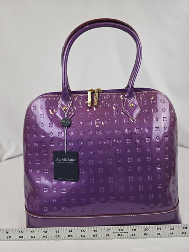 Embossed Purple Patent Leather ARCADIA Satchel Bag Tote Purse Shoulder ITALY - Picture 9 of 13