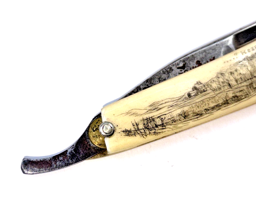 RASOIO SCRIMSHAW DATATO 1877 "QUI UNA VOLTA STAVANO AGRICOLTORI ASSEDIATI" - RARO AMERICANO - Foto 4 di 13