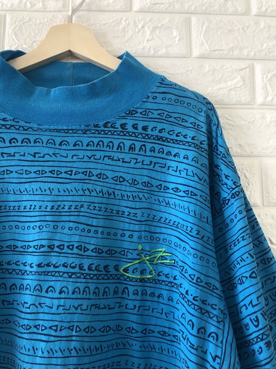 Vintage 80's Jimmy'z All Over Print Pattern Mock Neck Surf T-Shirt