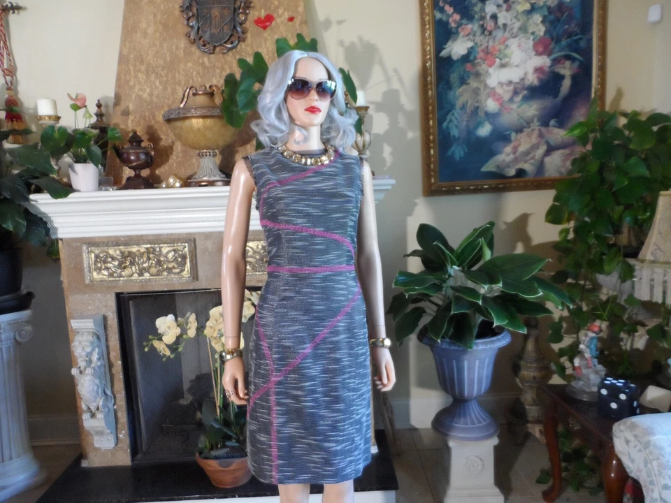 Vestido Vaina Jason Wu Negro-Blanco Tejido con Detalle de Puntada Rosa Talla 8 Foto 3 de 4