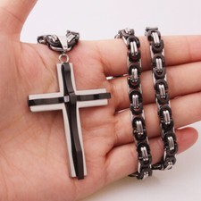 22'' Men Stainless Steel Black Silver Cross Pendant 6MM Byzantine Box Necklace