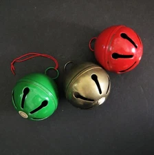 3 Large Brass Jingle Bell Christmas Ornaments Oversize 2.5in Red Green Metal
