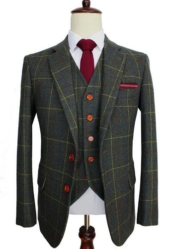 Mens Army Green Plaid Tweed Vintage Check Retro Prom Groom Tuxedo Wedding Suit - Picture 2 of 12