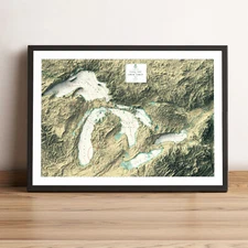 Great Lakes Map, Great Lakes US & Canada Vintage 2D Relief Map - 2D Flat Print