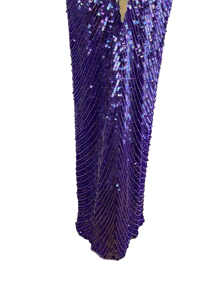 Alisha Vintage Sequin Beaded Silk Evening Gown Women’s 10/12 Purple Long Sleeve - Image 3 of 4
