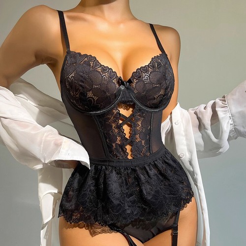 Sexy Womens Lace Bodysuit Bra Set Lingerie Babydoll Suspender Belt Nightwear AU - Picture 24 of 30