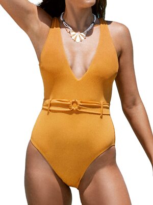 CUPSHE Women V Neck One Piece Swimsuit Ribbed Texture O Ring