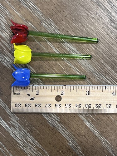 3 Swizzle Art Blown Glass Blue Yellow Red Mini Flower Tulip Cocktail Stirs VTG - Picture 11 of 11