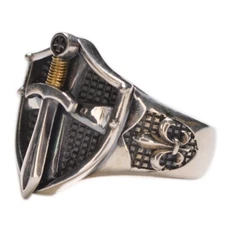 Mens Templar Sword Ring Steel Knight Biker Style Crusader Shield Cross