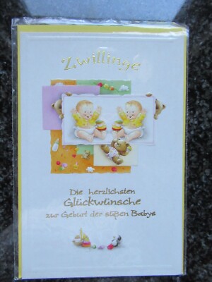 Zwillinge Geburt, Baby Glückwunschkarte, Klappkarte mit Umschlag NEU + OVP