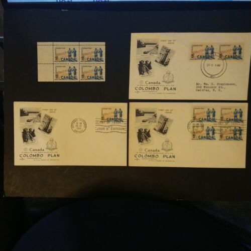 1961 Canada # 394, COLOMBO PLAN you buy, 1 block and 3 fdc. - Picture 1 of 2