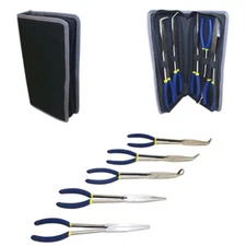  Long Nose Pliers Set Bent Nose, Hose, Cable Hand Tool Pouch Automotive 5PC 11''