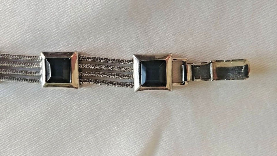 BUTLER Signed Bracelet Black Faceted Squared Plastic Inserts & Silver ...