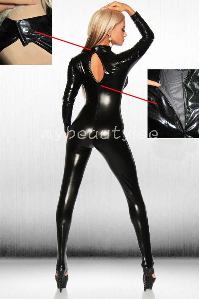 Macacão de renda sexy feminino PVC couro aparência molhada macacão fantasia clubwear - Imagem 4 de 4