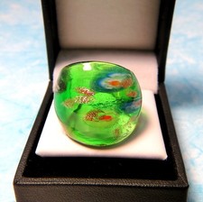 Bohemian Green abstract Flower Hand Blown Glass Bling Ring - Size 8