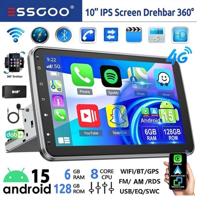 DAB+ Autoradio 6+128GB 10.1" Android15 GPS Navi AM 1 DIN 360° Drehbar Bildschirm - Bild 1 von 4