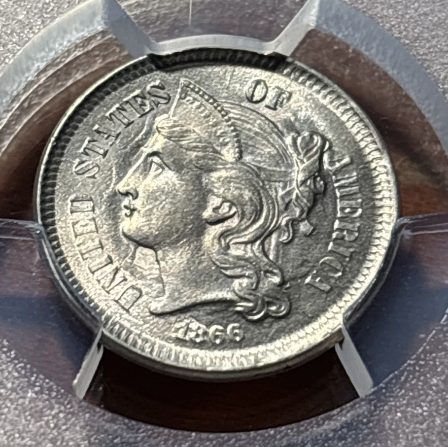 1866 Three Cent Nickel 3CN PCGS MS64 - Die Chip Above I on Reverse - Image 4 of 4
