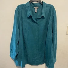 Catherines Faux Suede Button Down Blouse Size 3X Office Casual Teal Blue 