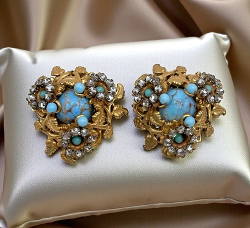 VTG Miriam Haskell Gold fused Blue Glass Gold-tone leaves Rhinestone Earrings