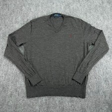 Polo Ralph Lauren Sweater Mens Large Charcoal 100 Merino Wool V Neck Custom Fit