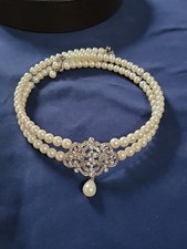 Faux Pearl 2 Strand Spring Wire Rhinestone Choker Necklace 16"