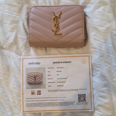Saint Laurent Pink Women's Wallet Zip-Around Quilted Logo Metal and COA