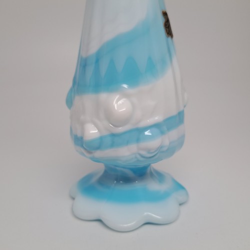 Fenton Blue & White Marble Slag Glass Cabbage Rose Swung Footed Bud Vase 10.5" - Picture 10 of 15