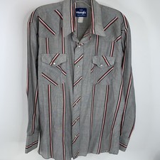 Grey Wrangler Shirt Men's Cowboy Cut Vertical Stripe Pearl Snap Large