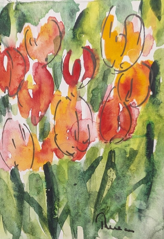 Tulips - Original art ACEO or ATC watercolor miniature painting