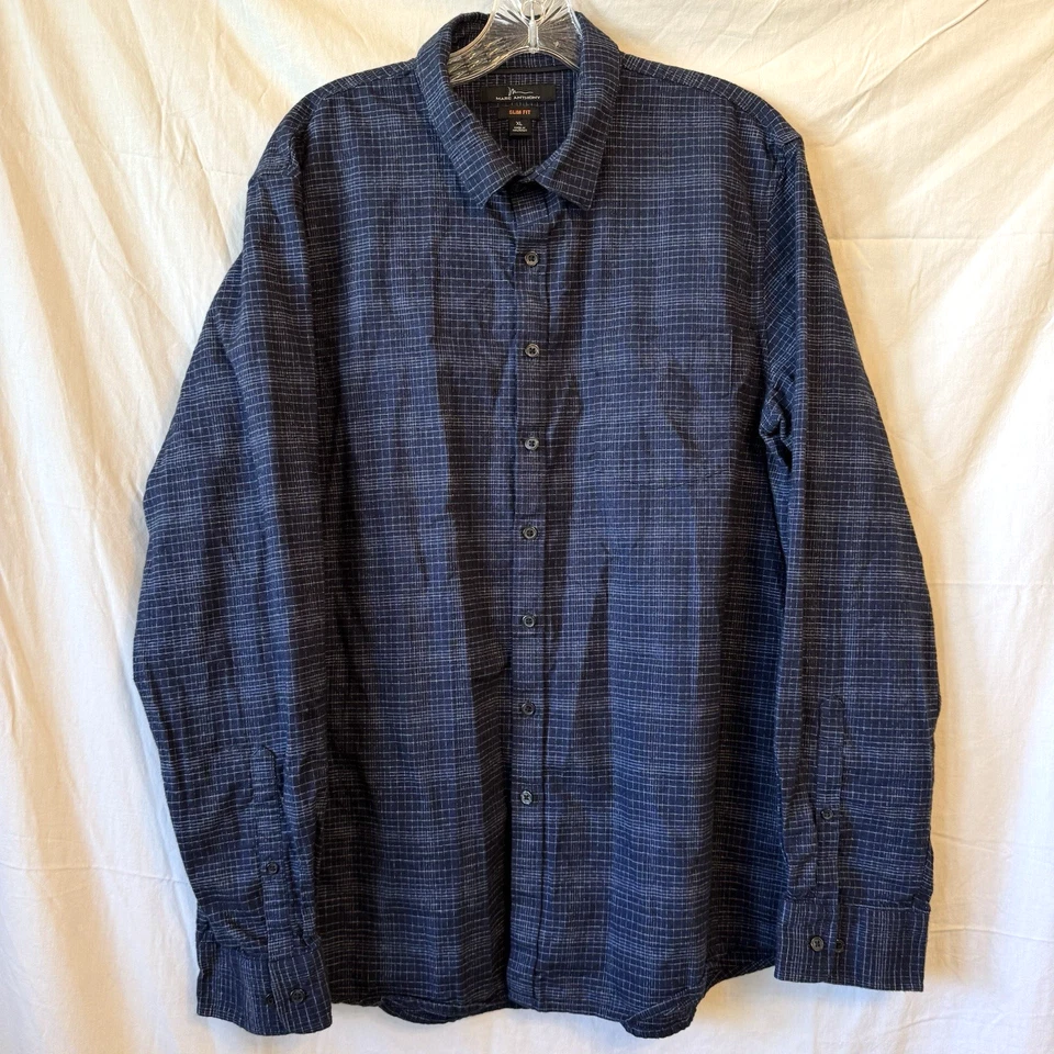 Marc Anthony Mens Flannel Shirt Blue Plaid Slim Fit Heavyweight Button Up XL - Image 3 of 4