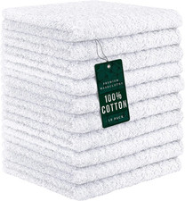 100 Cotton Washcloths 12x12 in, White 10 Pack 